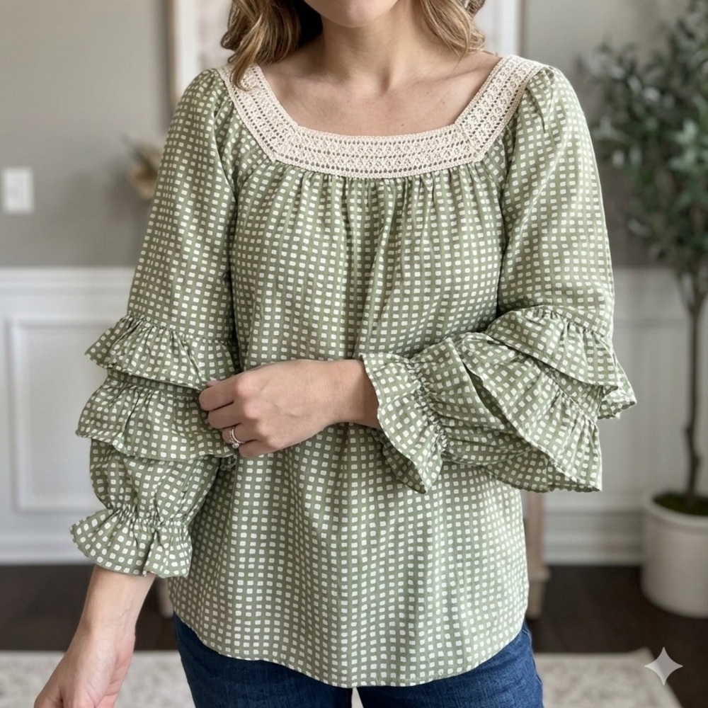 Ces Femme Sage Green Gingham Crochet Square-Neck Ruffle Sleeve Tunic. Small - Picture 1 of 7
